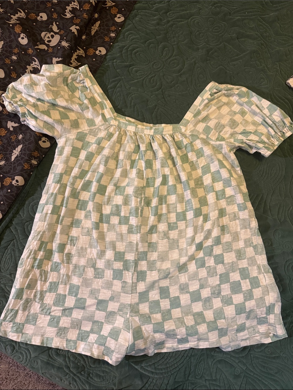 American Eagle Outfitters Mint Green and White Checkerboard Puff Sleeve Romper